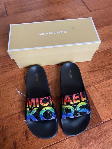 michael kors gilmore slides rainbow|Michael Kors Women's Gilmore Rainbow Pride Pool Slide .